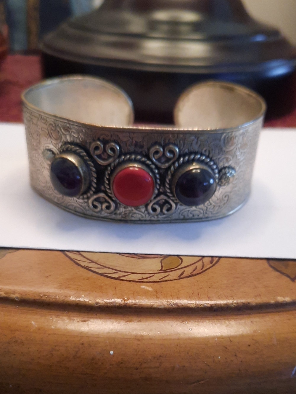 Handcrafted Silver-Tone Cuff Bracelet with Red and Purple Stones